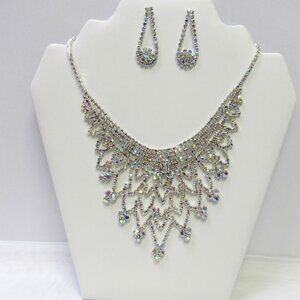 Silver Iridescent Rhinestone Necklace Set Wedding Prom Formal Evening